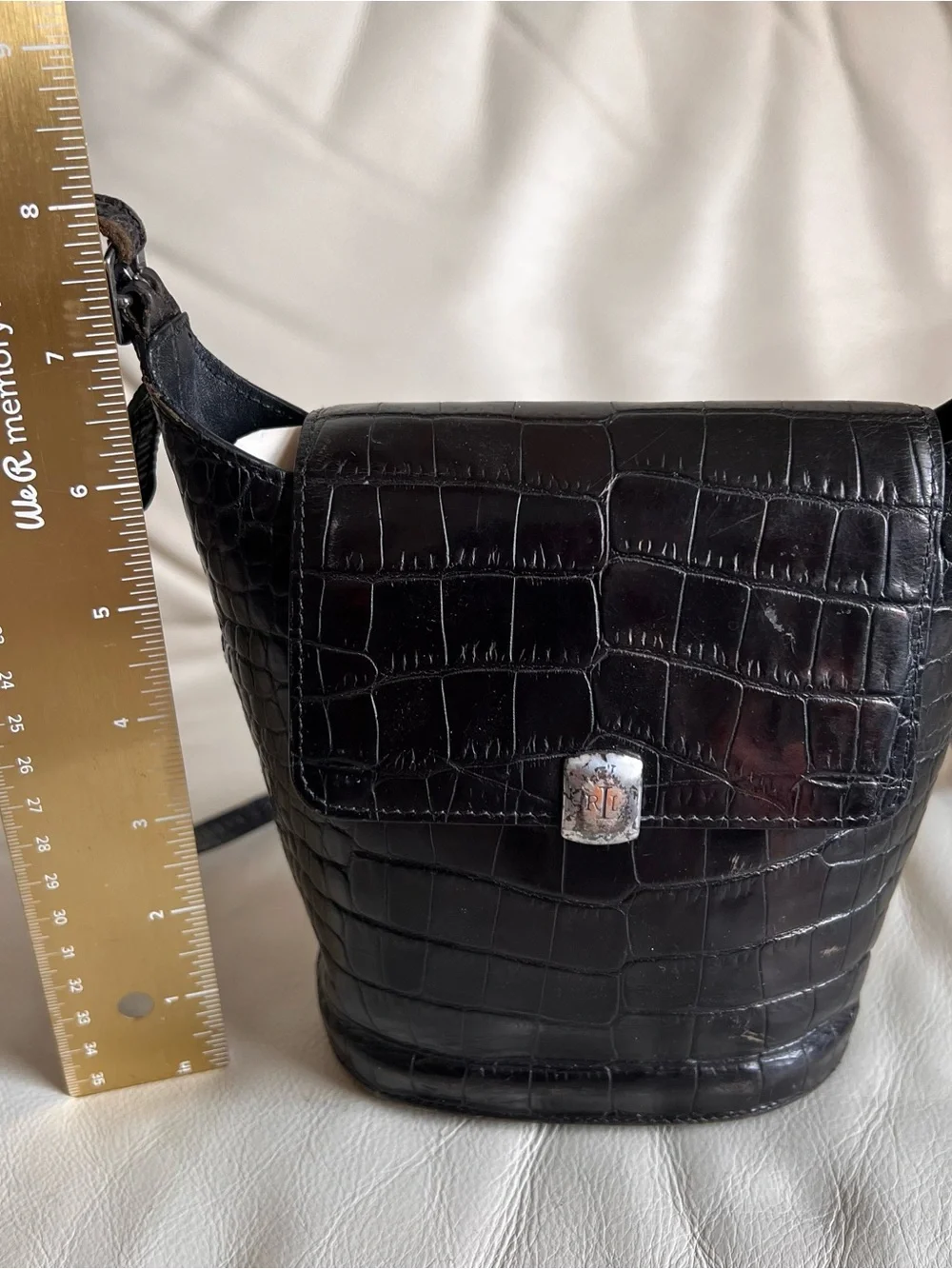 Lauren Ralph Lauren Black Croc-Embossed Leather Shoulder Crossbody Bag